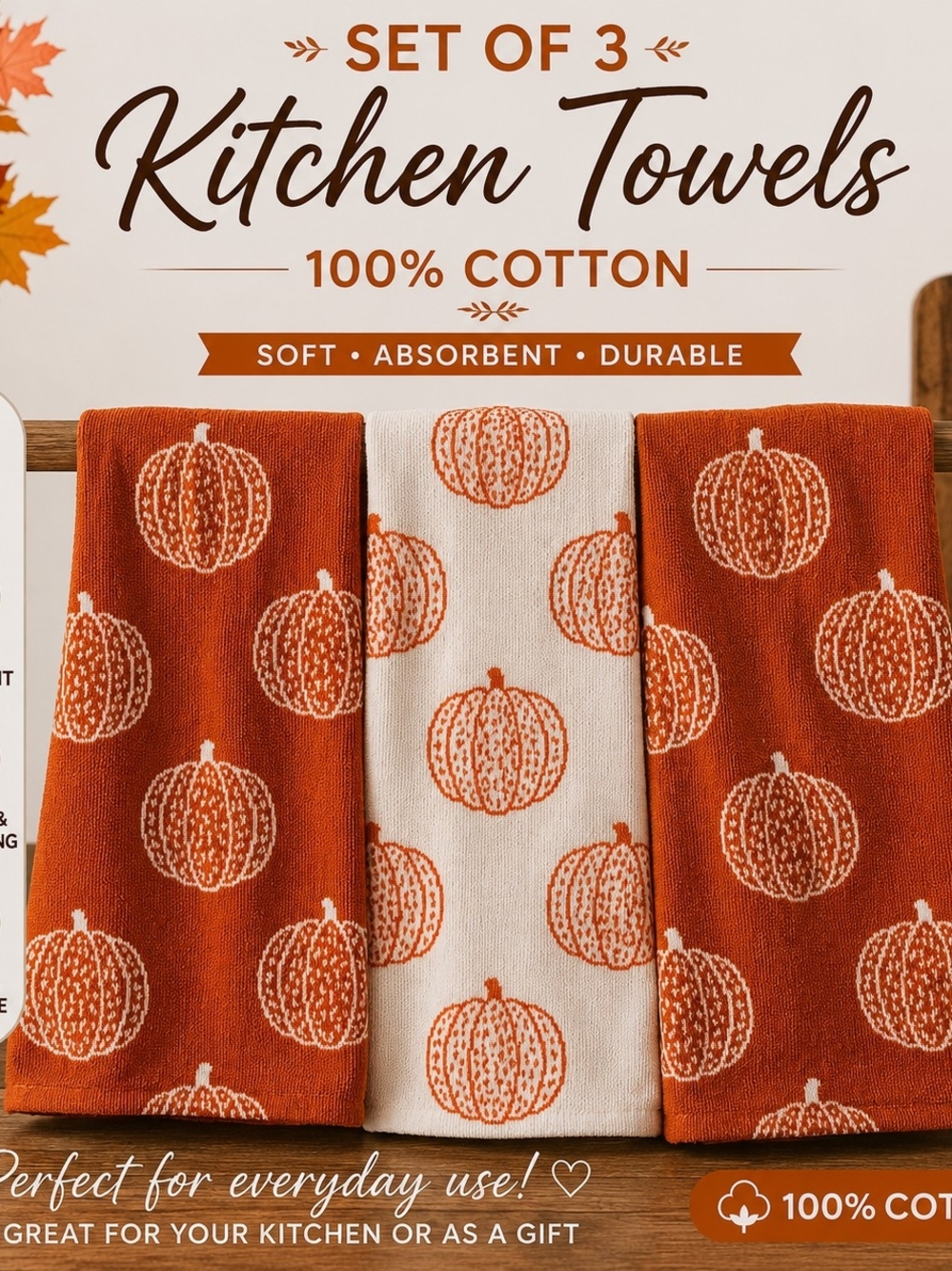 Set of 3 Cotton Pumpkin Kitchen Towels - Orange & Cream